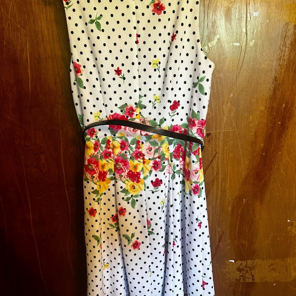 ELLE knee length polka dot and floral belted dress